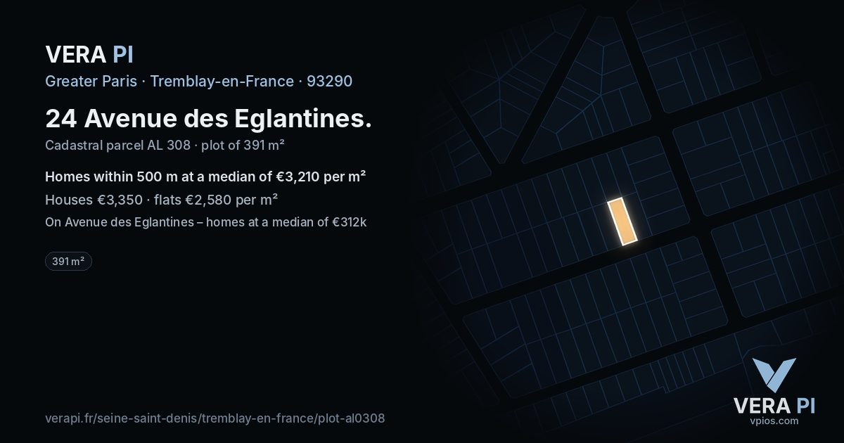 24 Avenue des Eglantines, Tremblay-en-France at night – the plot lit, the parcels around coloured by the prices near them