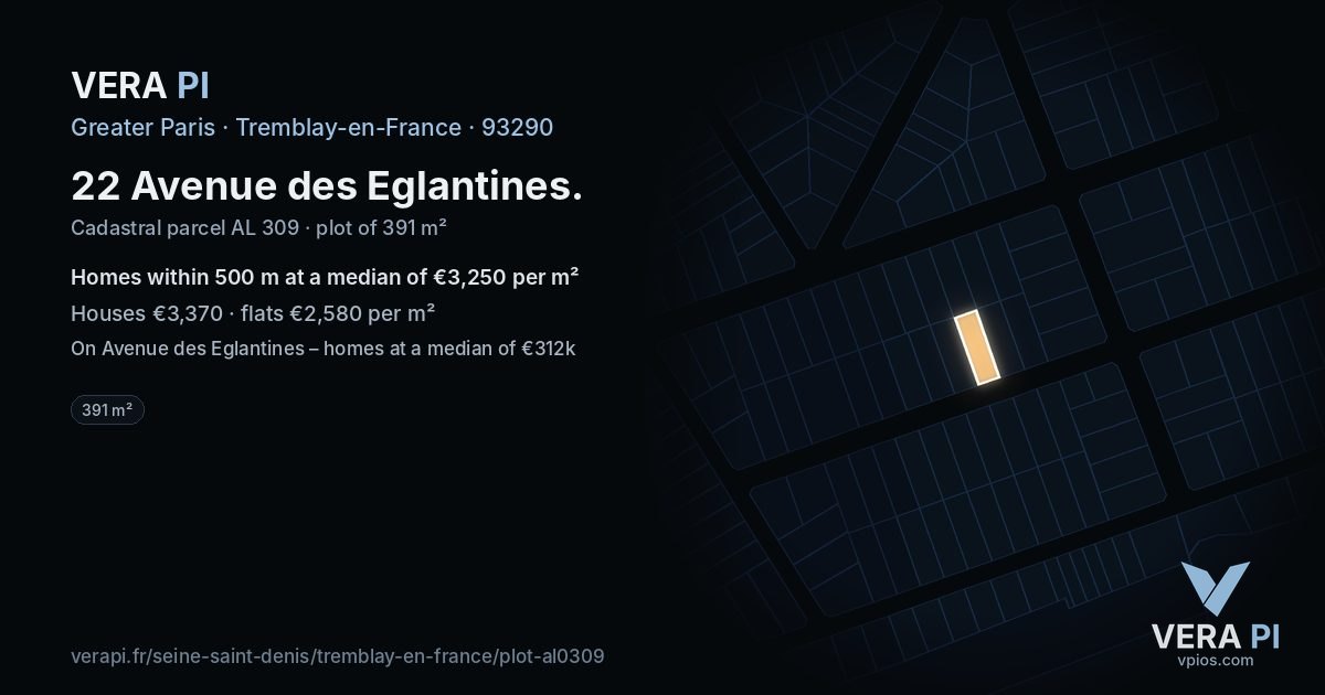 22 Avenue des Eglantines, Tremblay-en-France at night – the plot lit, the parcels around coloured by the prices near them