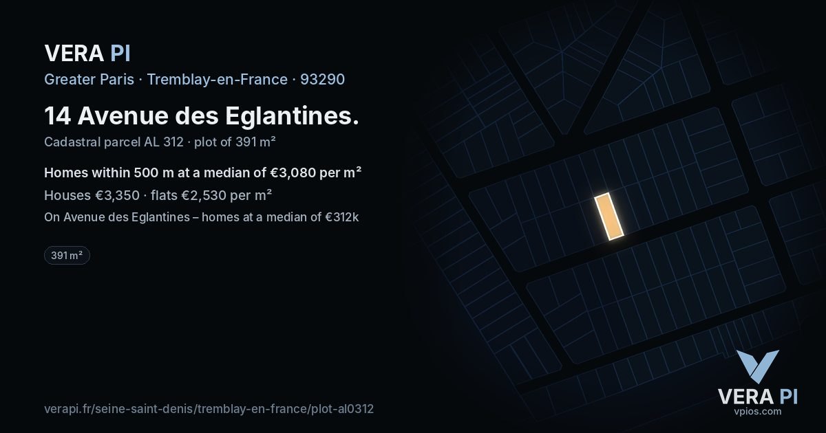14 Avenue des Eglantines, Tremblay-en-France at night – the plot lit, the parcels around coloured by the prices near them