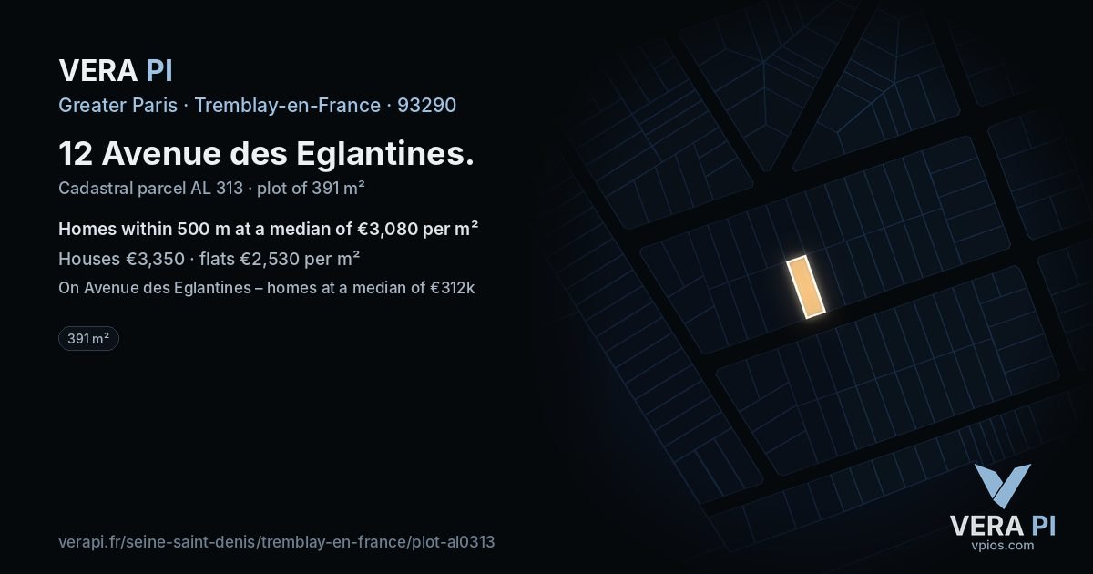 12 Avenue des Eglantines, Tremblay-en-France at night – the plot lit, the parcels around coloured by the prices near them