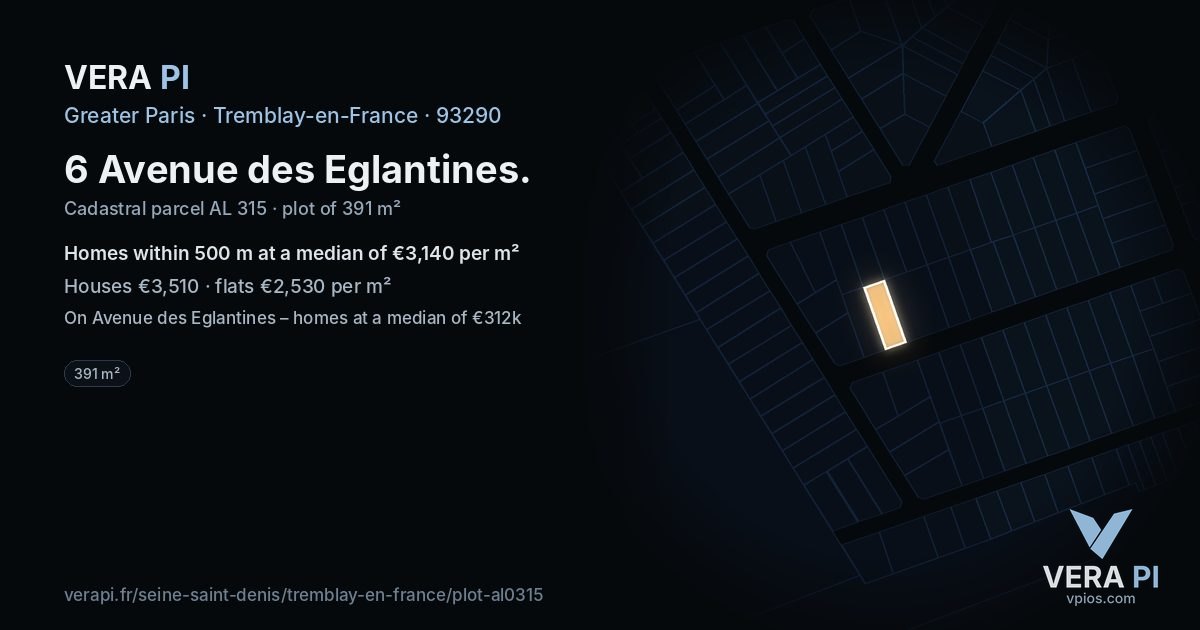 6 Avenue des Eglantines, Tremblay-en-France at night – the plot lit, the parcels around coloured by the prices near them