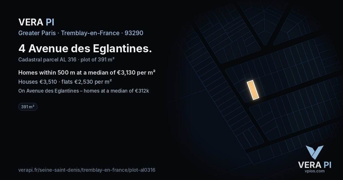 4 Avenue des Eglantines, Tremblay-en-France at night – the plot lit, the parcels around coloured by the prices near them