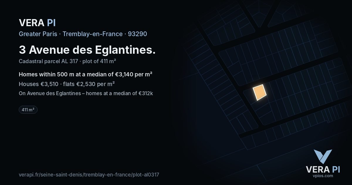 3 Avenue des Eglantines, Tremblay-en-France at night – the plot lit, the parcels around coloured by the prices near them