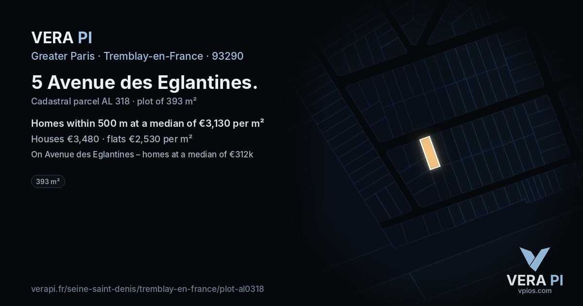 5 Avenue des Eglantines, Tremblay-en-France at night – the plot lit, the parcels around coloured by the prices near them