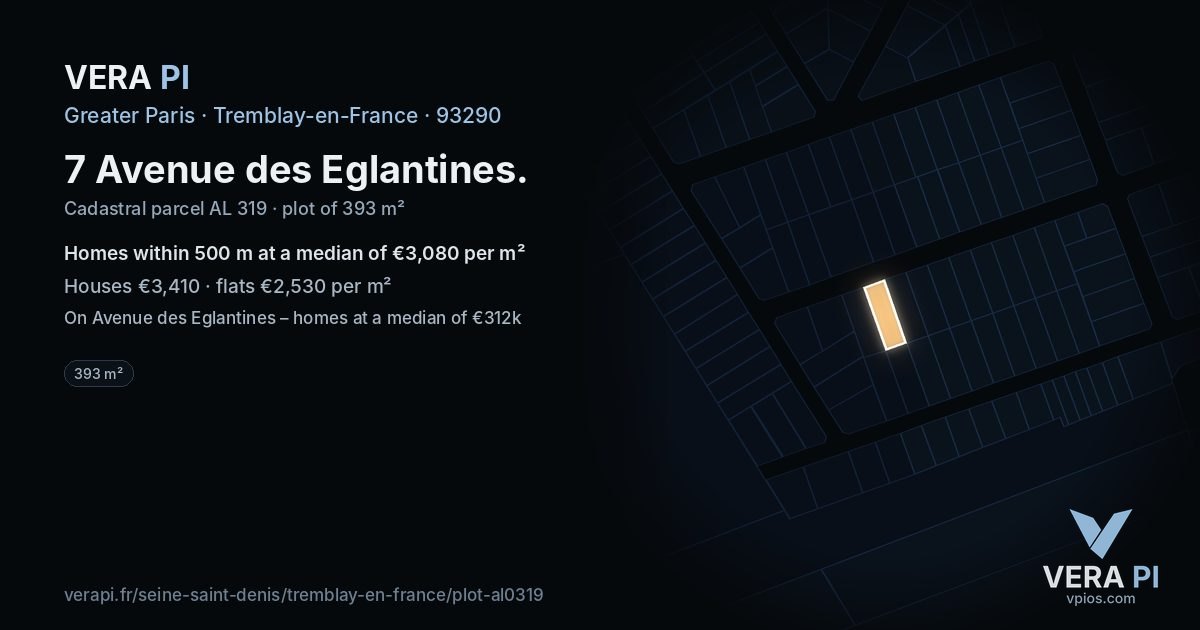 7 Avenue des Eglantines, Tremblay-en-France at night – the plot lit, the parcels around coloured by the prices near them