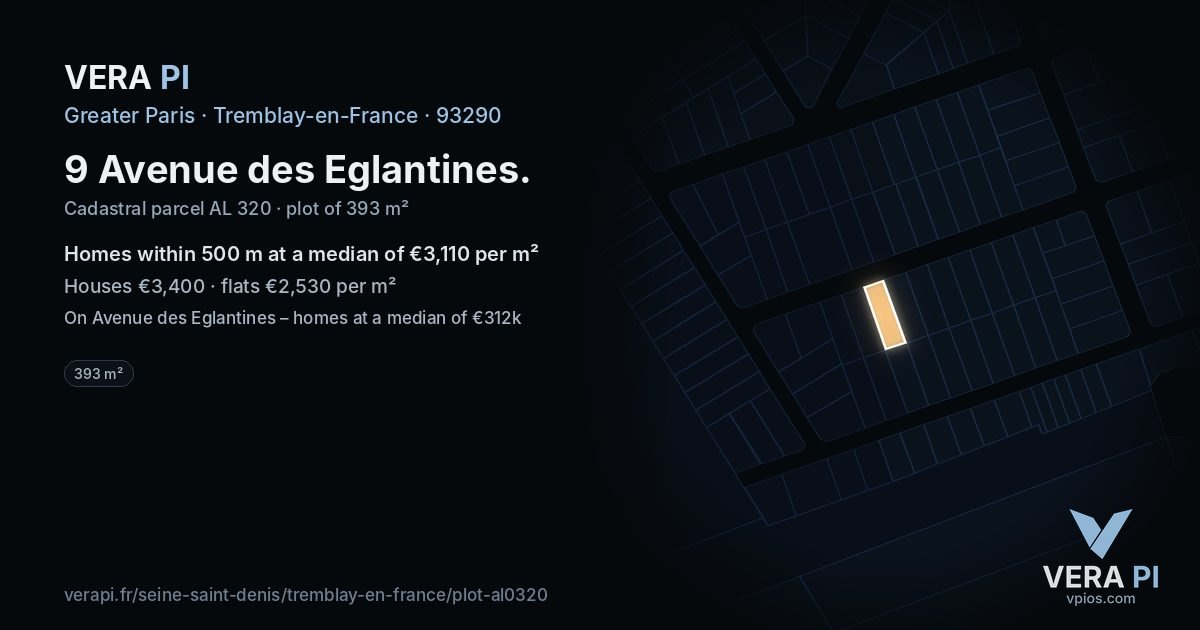 9 Avenue des Eglantines, Tremblay-en-France at night – the plot lit, the parcels around coloured by the prices near them