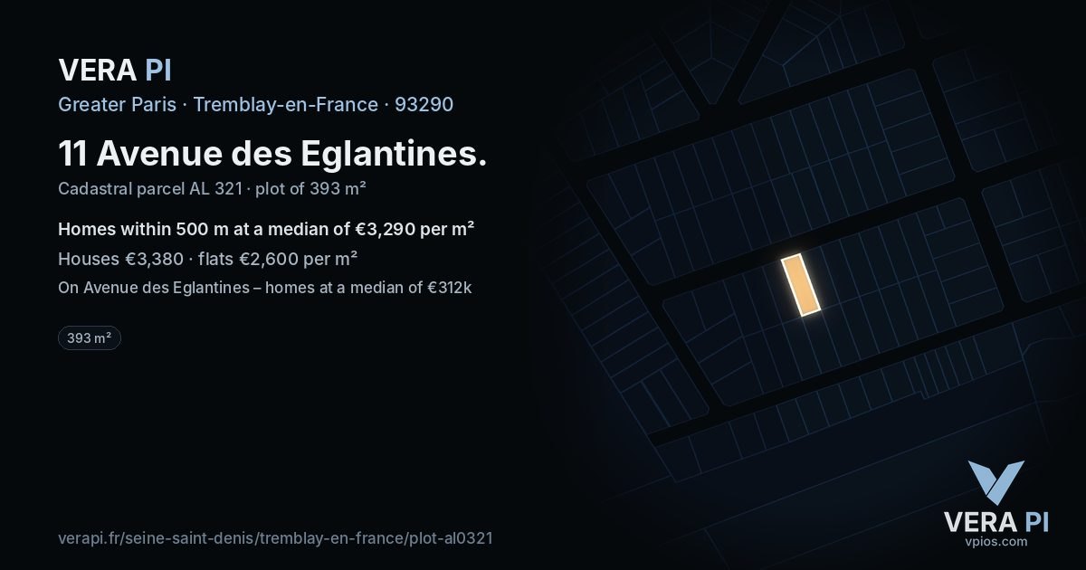 11 Avenue des Eglantines, Tremblay-en-France at night – the plot lit, the parcels around coloured by the prices near them