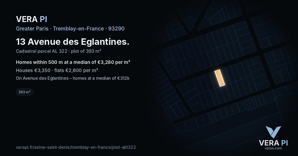 13 Avenue des Eglantines, Tremblay-en-France at night – the plot lit, the parcels around coloured by the prices near them