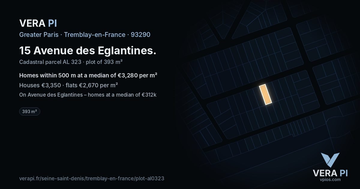 15 Avenue des Eglantines, Tremblay-en-France at night – the plot lit, the parcels around coloured by the prices near them