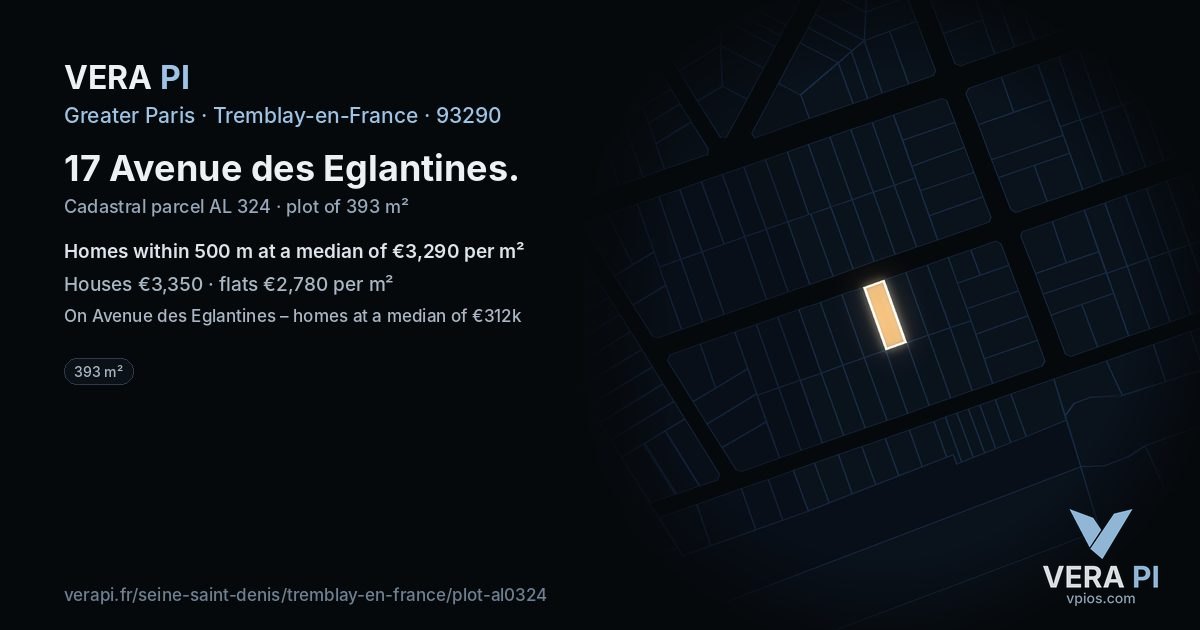 17 Avenue des Eglantines, Tremblay-en-France at night – the plot lit, the parcels around coloured by the prices near them
