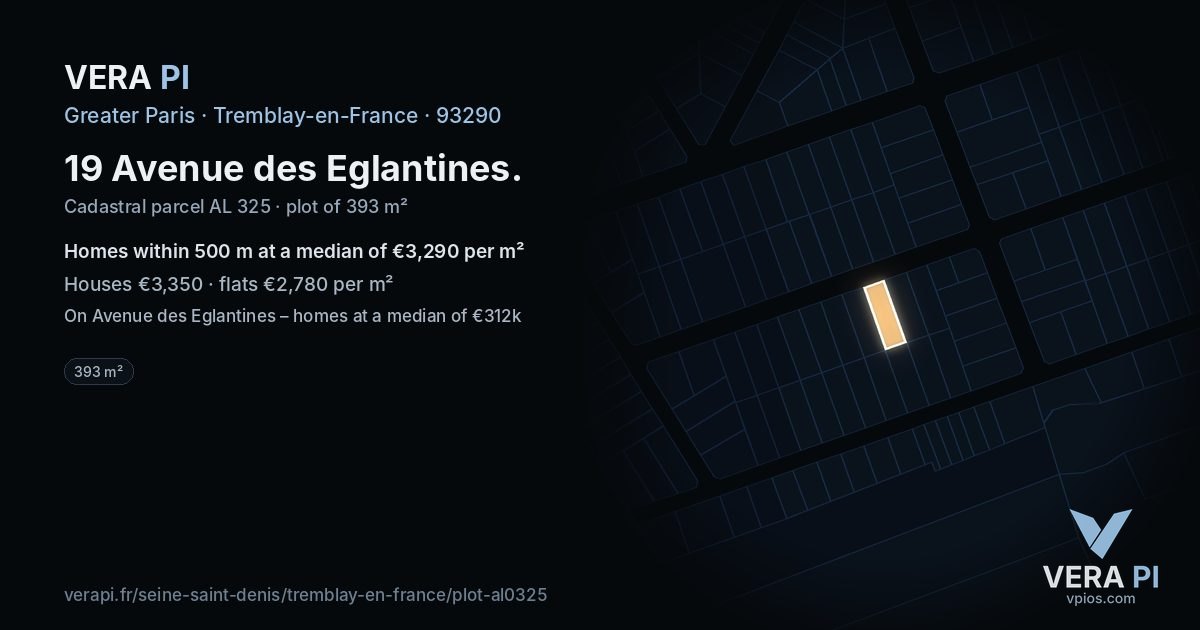 19 Avenue des Eglantines, Tremblay-en-France at night – the plot lit, the parcels around coloured by the prices near them