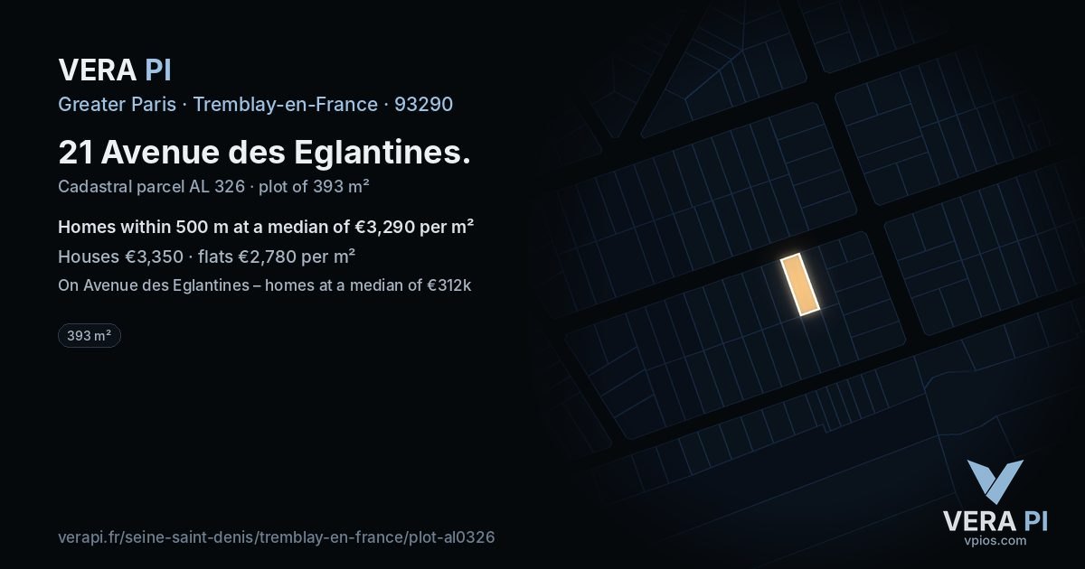 21 Avenue des Eglantines, Tremblay-en-France at night – the plot lit, the parcels around coloured by the prices near them