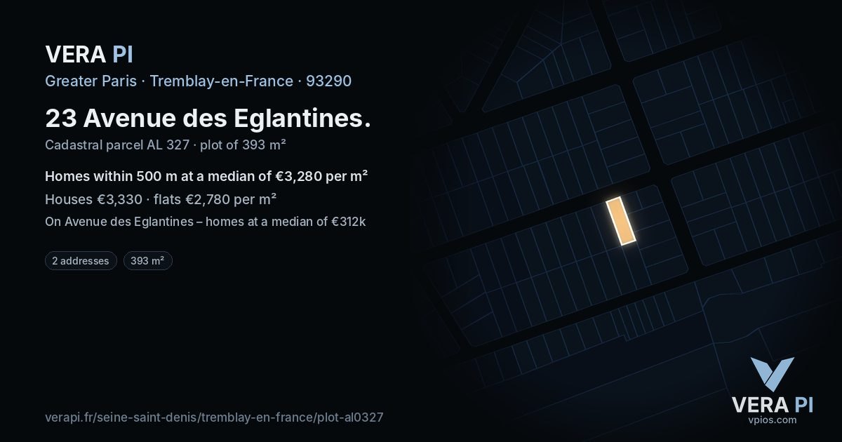 23 Avenue des Eglantines, Tremblay-en-France at night – the plot lit, the parcels around coloured by the prices near them