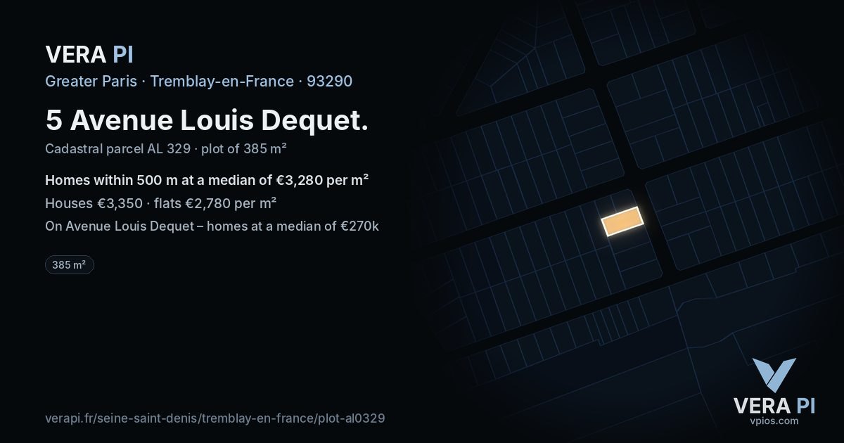 5 Avenue Louis Dequet, Tremblay-en-France at night – the plot lit, the parcels around coloured by the prices near them