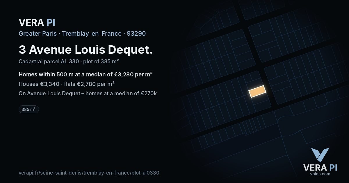 3 Avenue Louis Dequet, Tremblay-en-France at night – the plot lit, the parcels around coloured by the prices near them