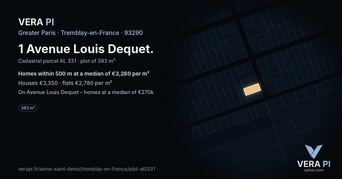 1 Avenue Louis Dequet, Tremblay-en-France at night – the plot lit, the parcels around coloured by the prices near them