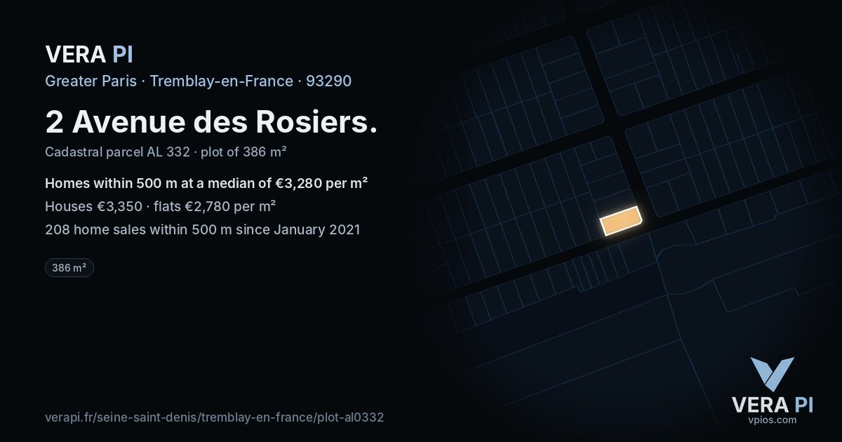 2 Avenue des Rosiers, Tremblay-en-France at night – the plot lit, the parcels around coloured by the prices near them