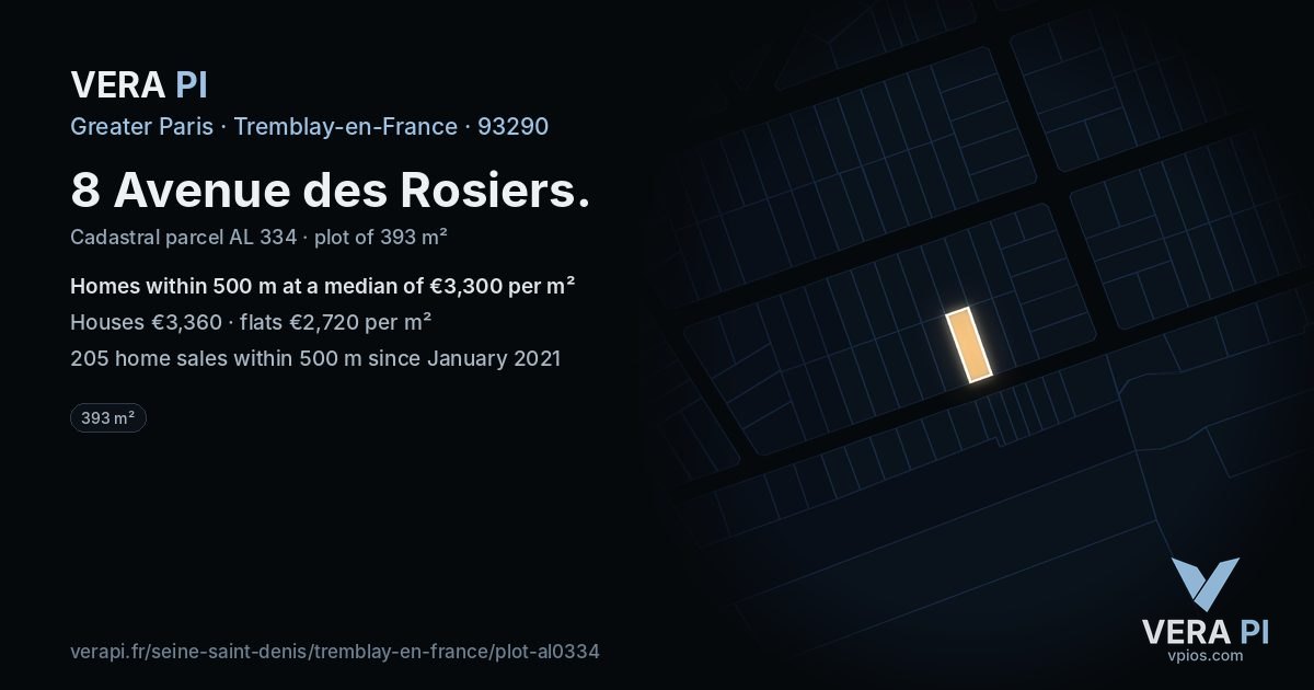 8 Avenue des Rosiers, Tremblay-en-France at night – the plot lit, the parcels around coloured by the prices near them
