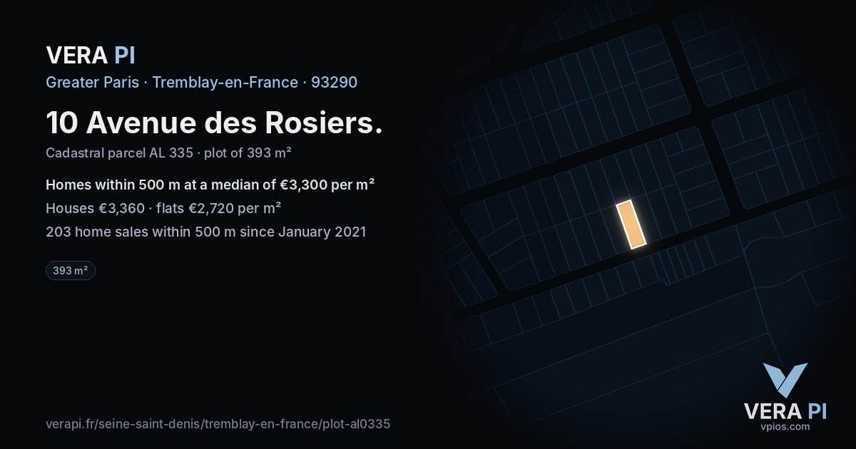 10 Avenue des Rosiers, Tremblay-en-France at night – the plot lit, the parcels around coloured by the prices near them
