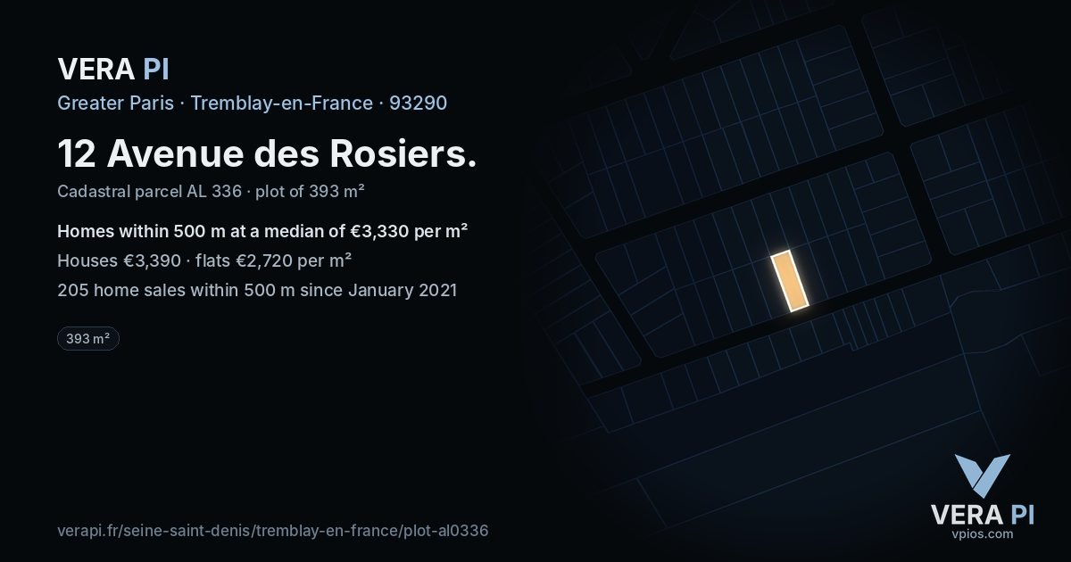 12 Avenue des Rosiers, Tremblay-en-France at night – the plot lit, the parcels around coloured by the prices near them
