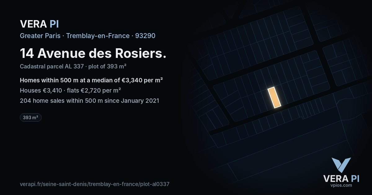 14 Avenue des Rosiers, Tremblay-en-France at night – the plot lit, the parcels around coloured by the prices near them