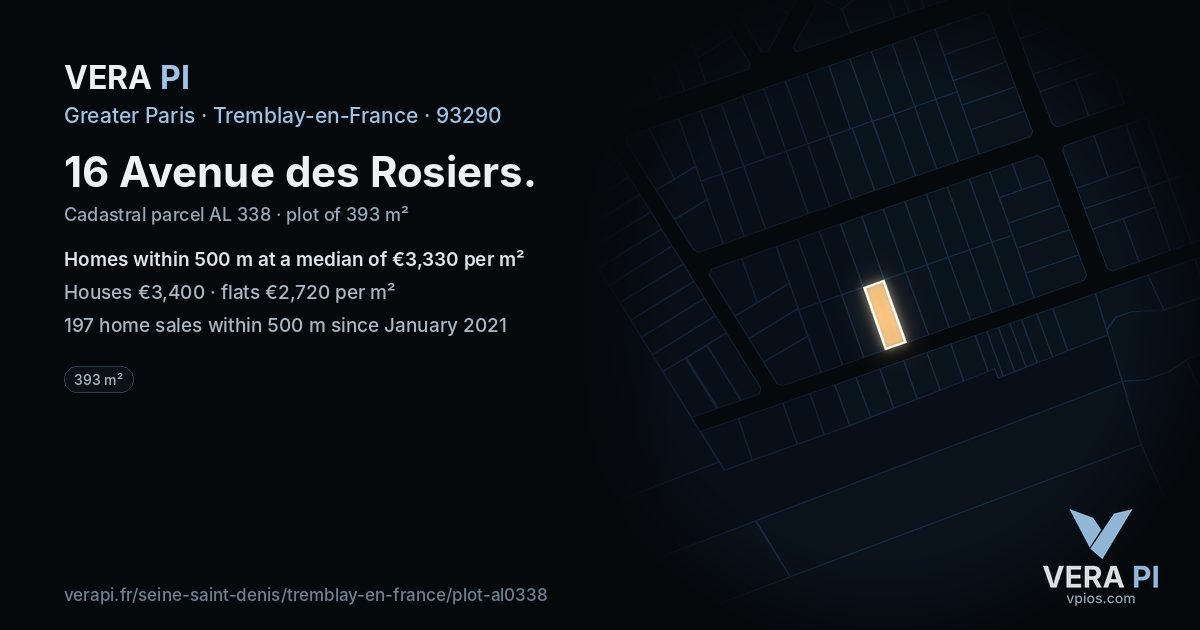 16 Avenue des Rosiers, Tremblay-en-France at night – the plot lit, the parcels around coloured by the prices near them