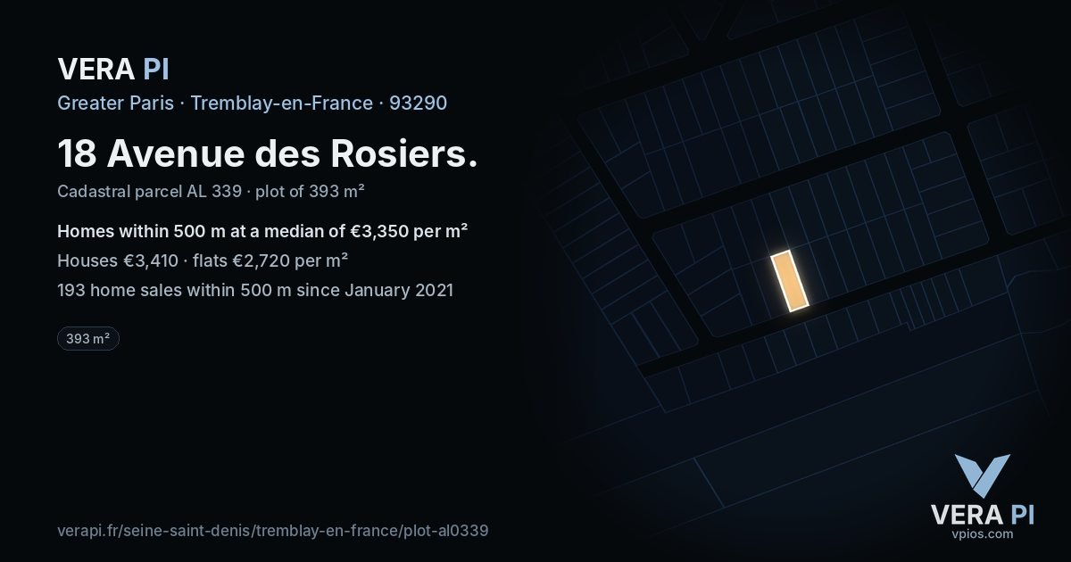 18 Avenue des Rosiers, Tremblay-en-France at night – the plot lit, the parcels around coloured by the prices near them