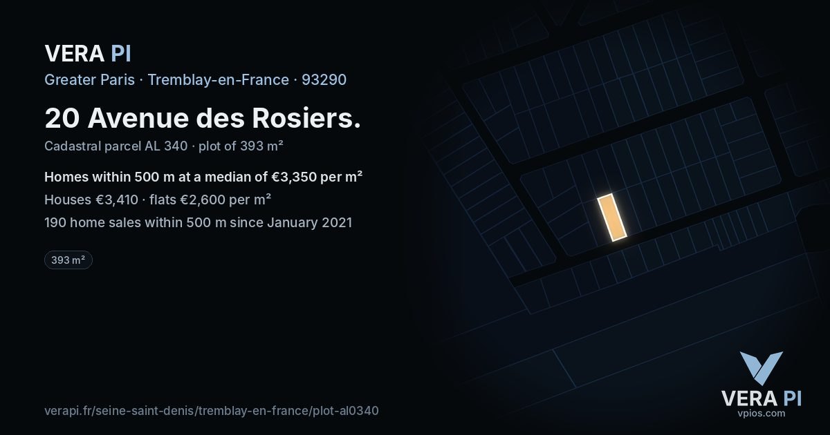 20 Avenue des Rosiers, Tremblay-en-France at night – the plot lit, the parcels around coloured by the prices near them