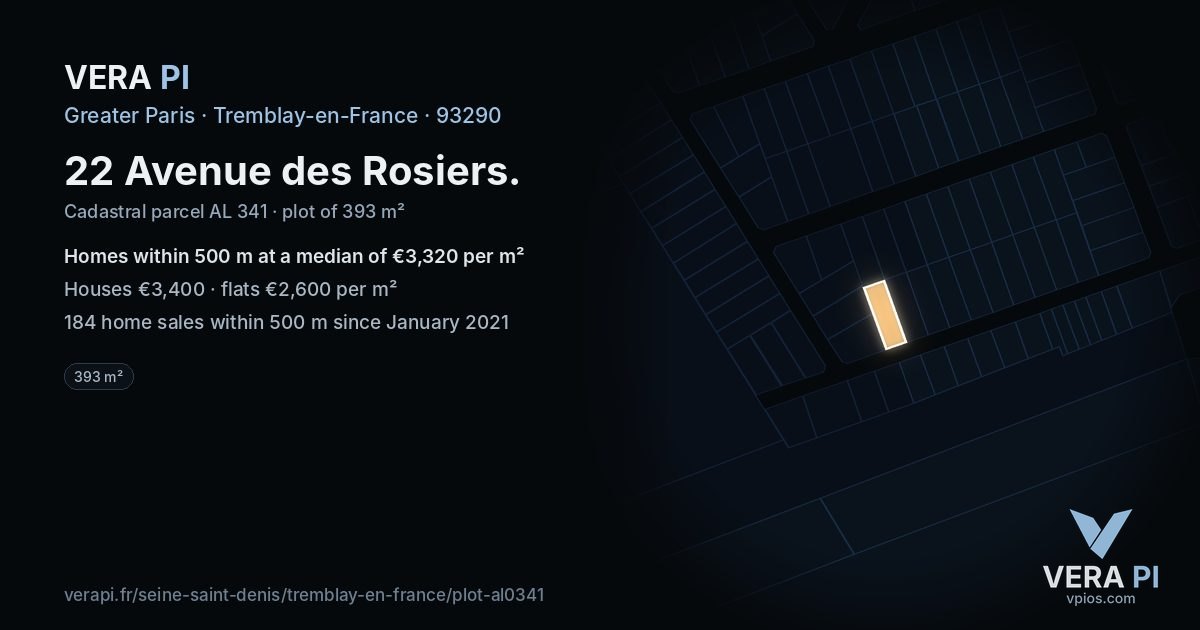 22 Avenue des Rosiers, Tremblay-en-France at night – the plot lit, the parcels around coloured by the prices near them