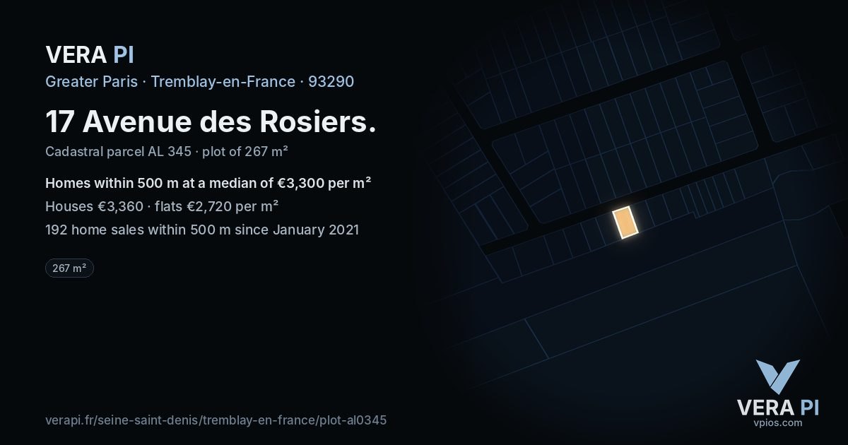 17 Avenue des Rosiers, Tremblay-en-France at night – the plot lit, the parcels around coloured by the prices near them