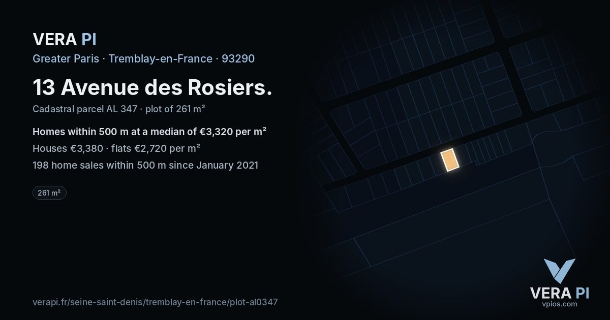 13 Avenue des Rosiers, Tremblay-en-France at night – the plot lit, the parcels around coloured by the prices near them