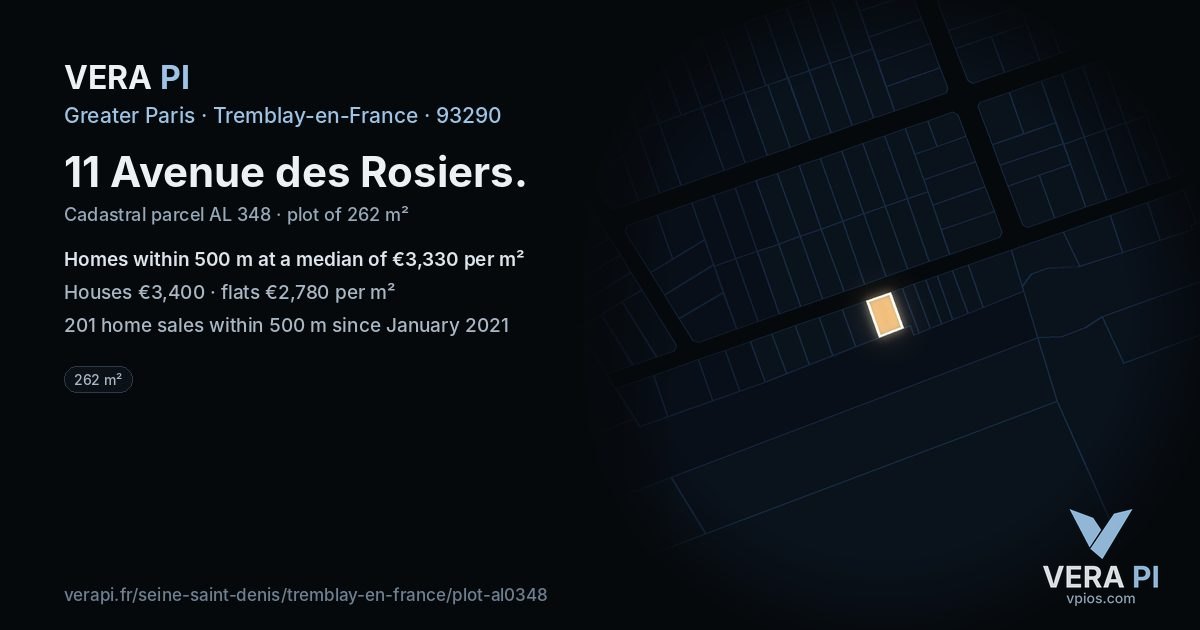 11 Avenue des Rosiers, Tremblay-en-France at night – the plot lit, the parcels around coloured by the prices near them