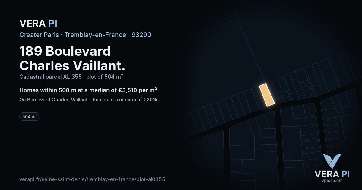 189 Boulevard Charles Vaillant, Tremblay-en-France at night – the plot lit, the parcels around coloured by the prices near them