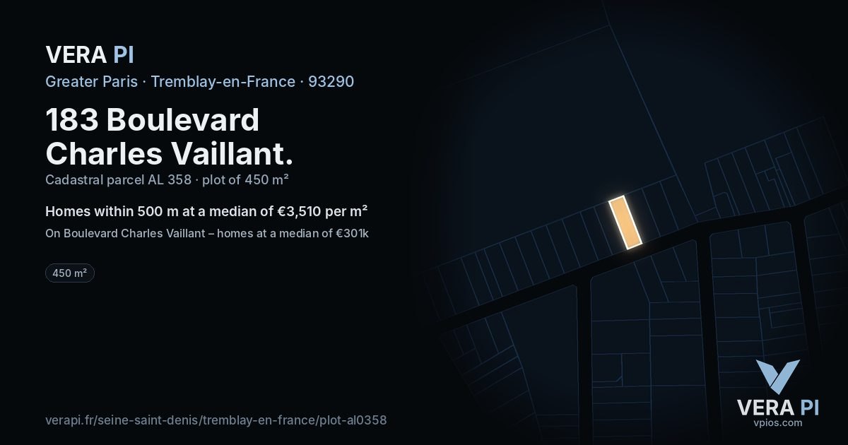 183 Boulevard Charles Vaillant, Tremblay-en-France at night – the plot lit, the parcels around coloured by the prices near them