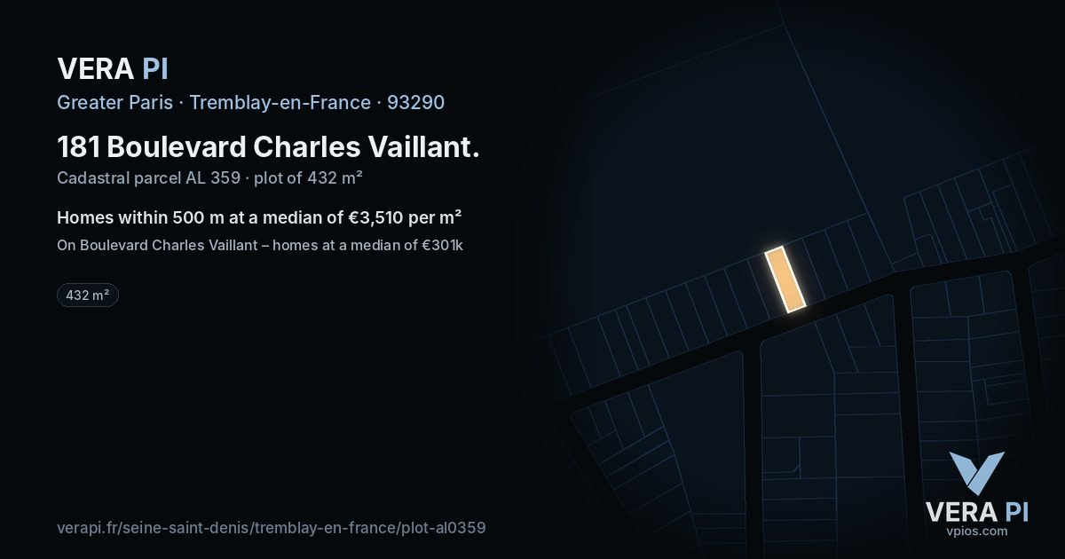 181 Boulevard Charles Vaillant, Tremblay-en-France at night – the plot lit, the parcels around coloured by the prices near them