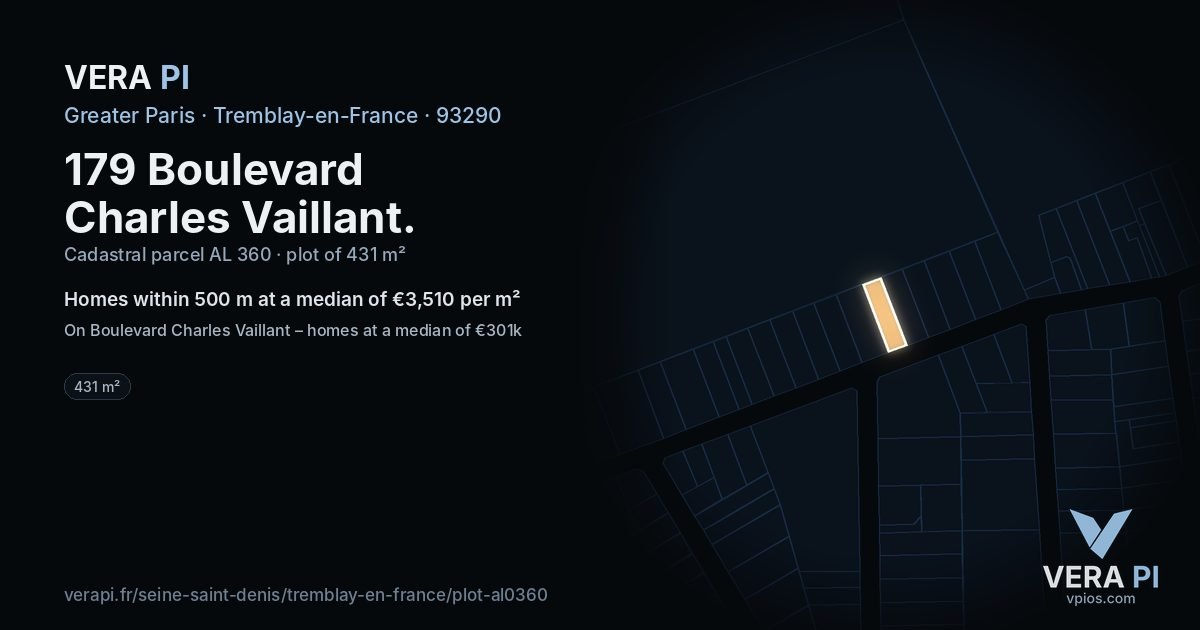 179 Boulevard Charles Vaillant, Tremblay-en-France at night – the plot lit, the parcels around coloured by the prices near them