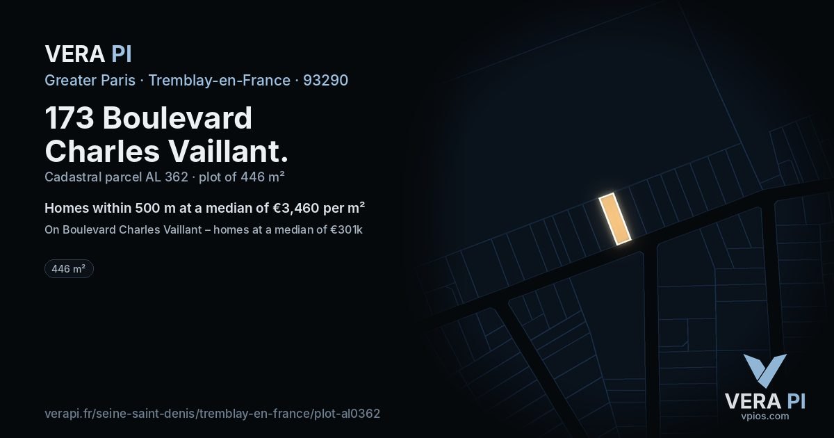 173 Boulevard Charles Vaillant, Tremblay-en-France at night – the plot lit, the parcels around coloured by the prices near them