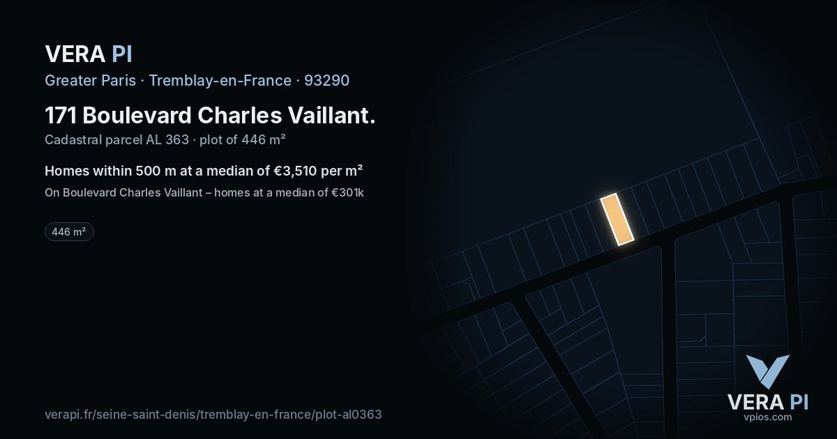 171 Boulevard Charles Vaillant, Tremblay-en-France at night – the plot lit, the parcels around coloured by the prices near them