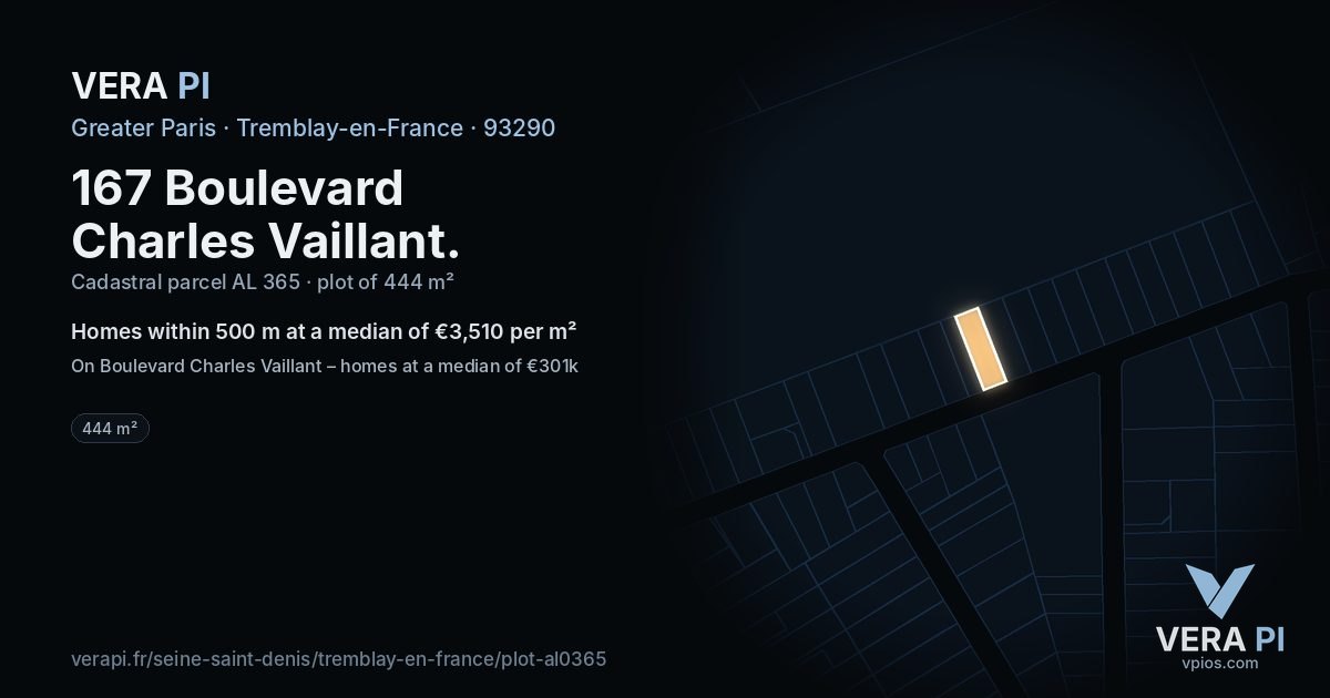 167 Boulevard Charles Vaillant, Tremblay-en-France at night – the plot lit, the parcels around coloured by the prices near them
