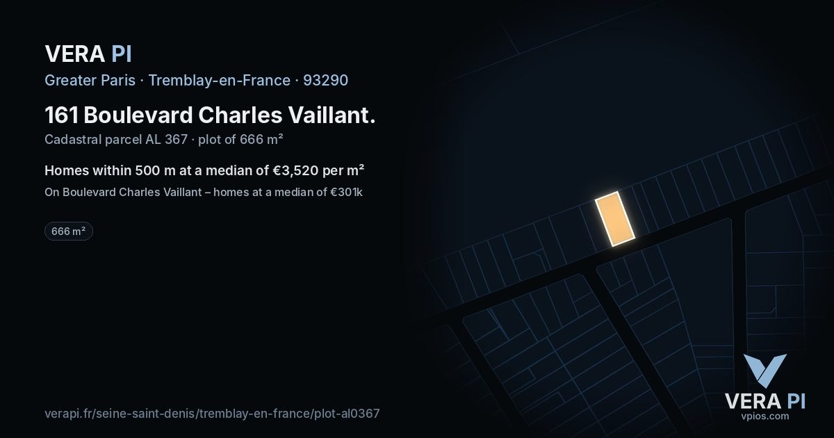 161 Boulevard Charles Vaillant, Tremblay-en-France at night – the plot lit, the parcels around coloured by the prices near them