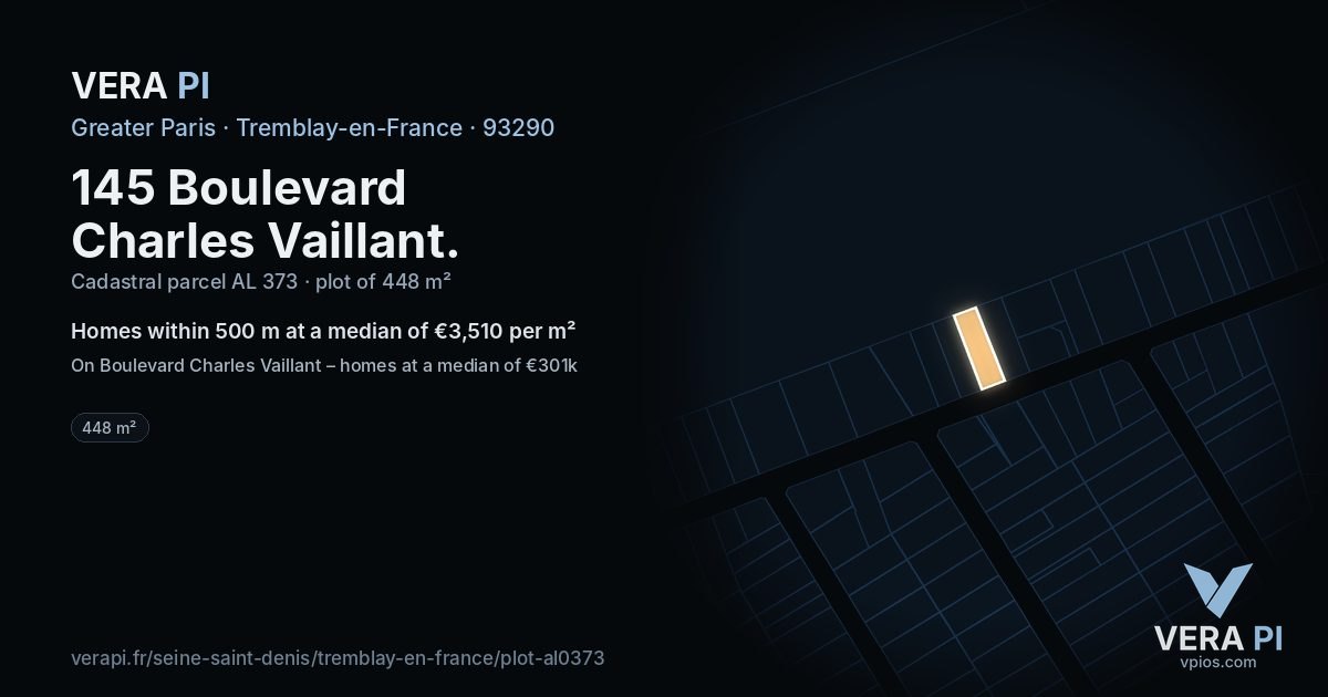 145 Boulevard Charles Vaillant, Tremblay-en-France at night – the plot lit, the parcels around coloured by the prices near them