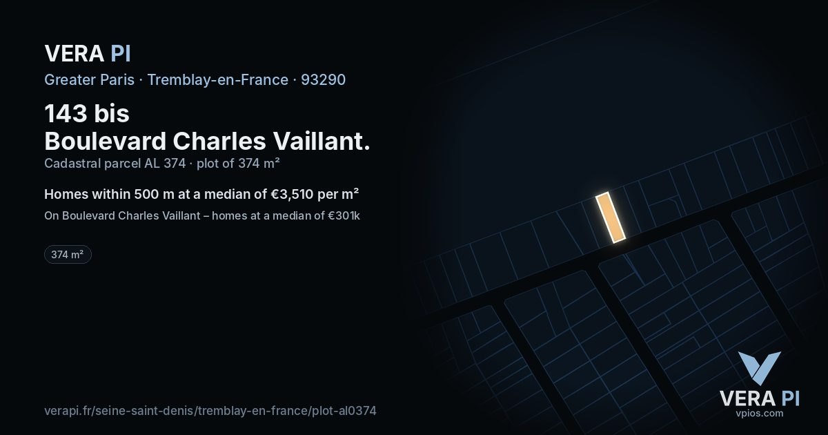 143 bis Boulevard Charles Vaillant, Tremblay-en-France at night – the plot lit, the parcels around coloured by the prices near them