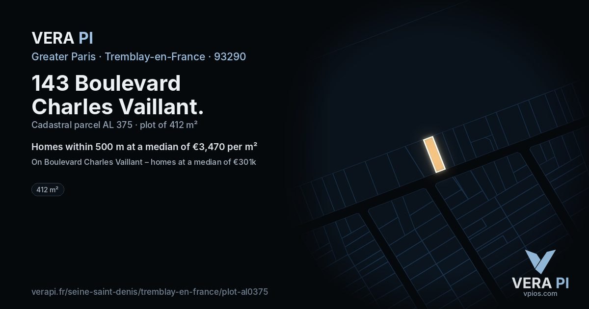 143 Boulevard Charles Vaillant, Tremblay-en-France at night – the plot lit, the parcels around coloured by the prices near them