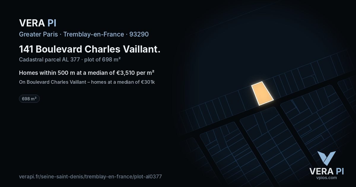 141 Boulevard Charles Vaillant, Tremblay-en-France at night – the plot lit, the parcels around coloured by the prices near them
