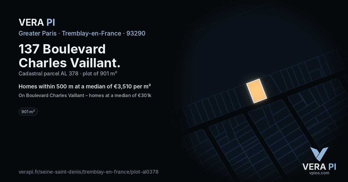 137 Boulevard Charles Vaillant, Tremblay-en-France at night – the plot lit, the parcels around coloured by the prices near them
