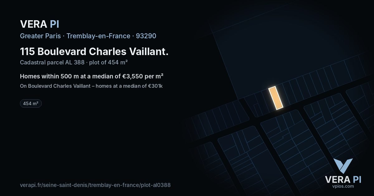 115 Boulevard Charles Vaillant, Tremblay-en-France at night – the plot lit, the parcels around coloured by the prices near them