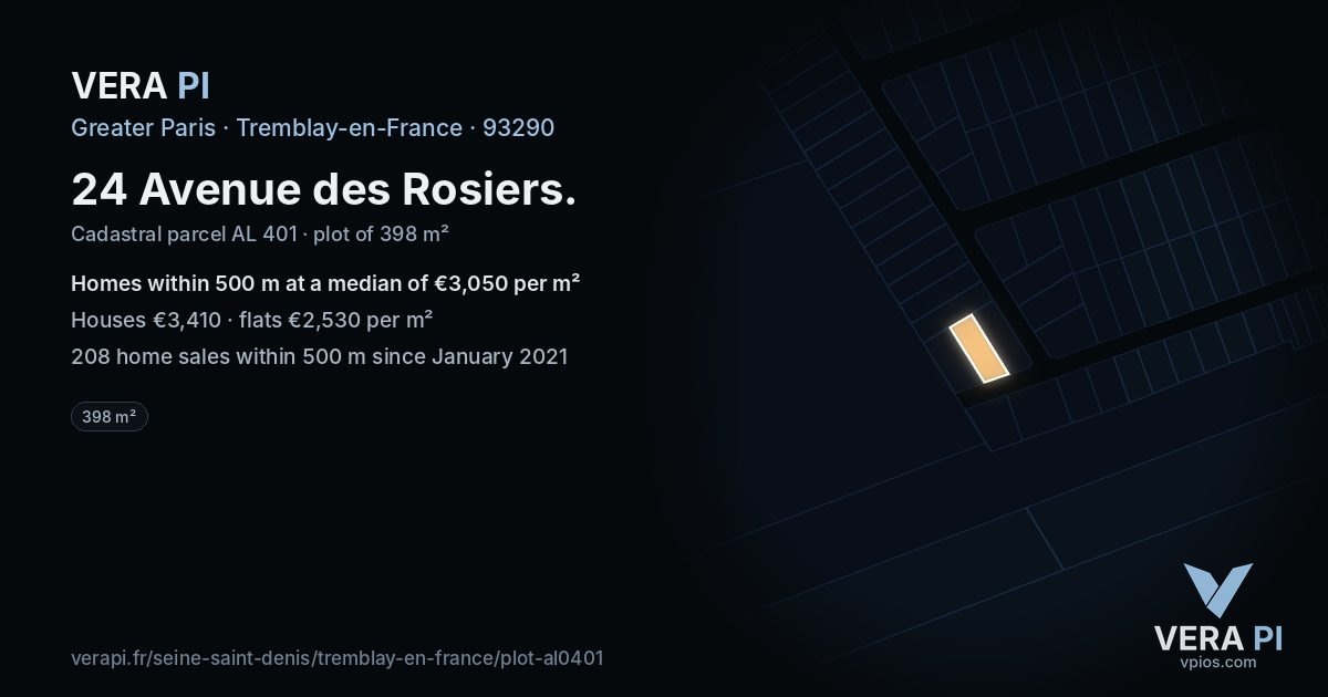 24 Avenue des Rosiers, Tremblay-en-France at night – the plot lit, the parcels around coloured by the prices near them