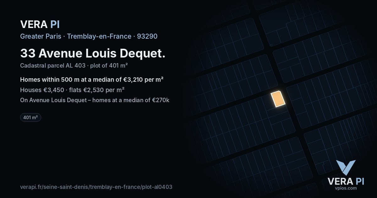 33 Avenue Louis Dequet, Tremblay-en-France at night – the plot lit, the parcels around coloured by the prices near them