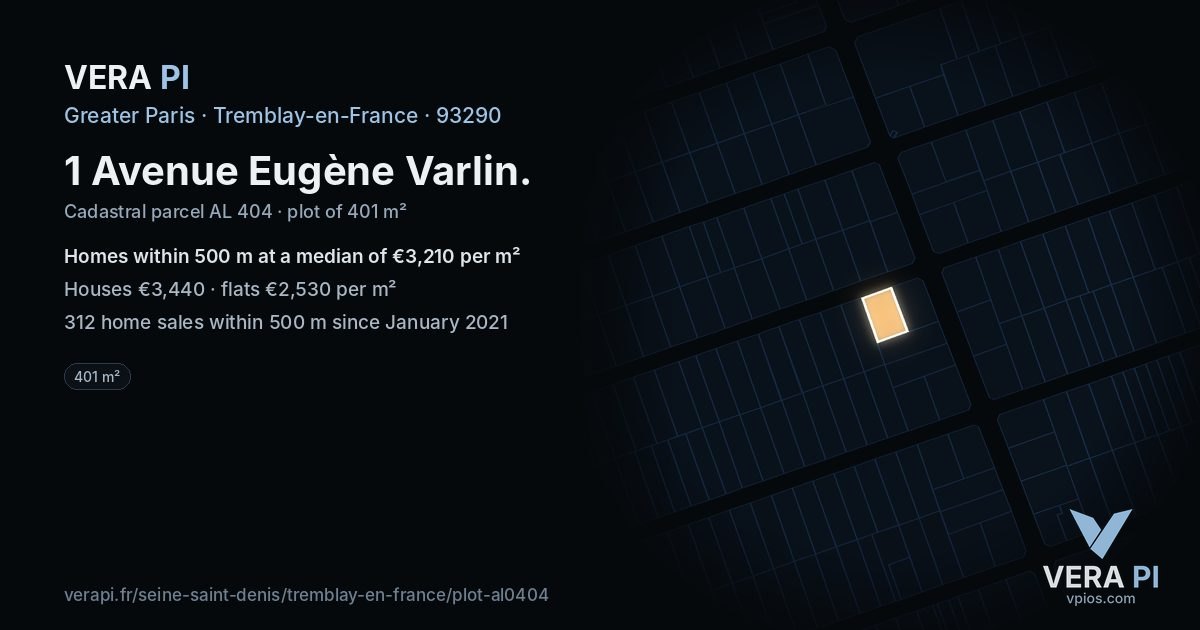 1 Avenue Eugène Varlin, Tremblay-en-France at night – the plot lit, the parcels around coloured by the prices near them
