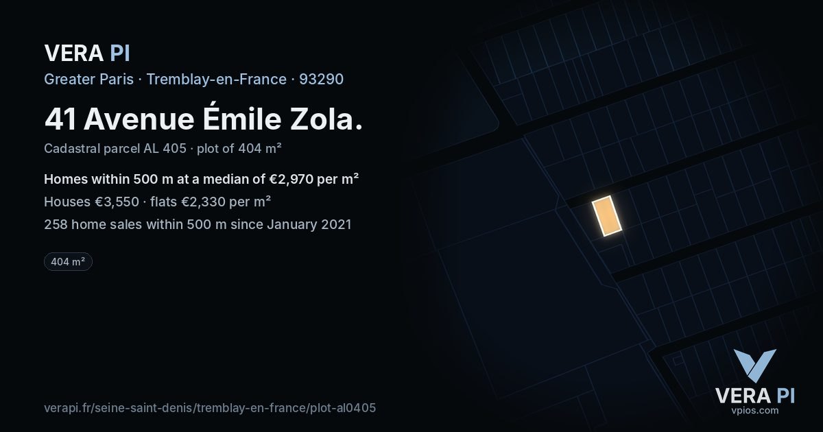 41 Avenue Émile Zola, Tremblay-en-France at night – the plot lit, the parcels around coloured by the prices near them